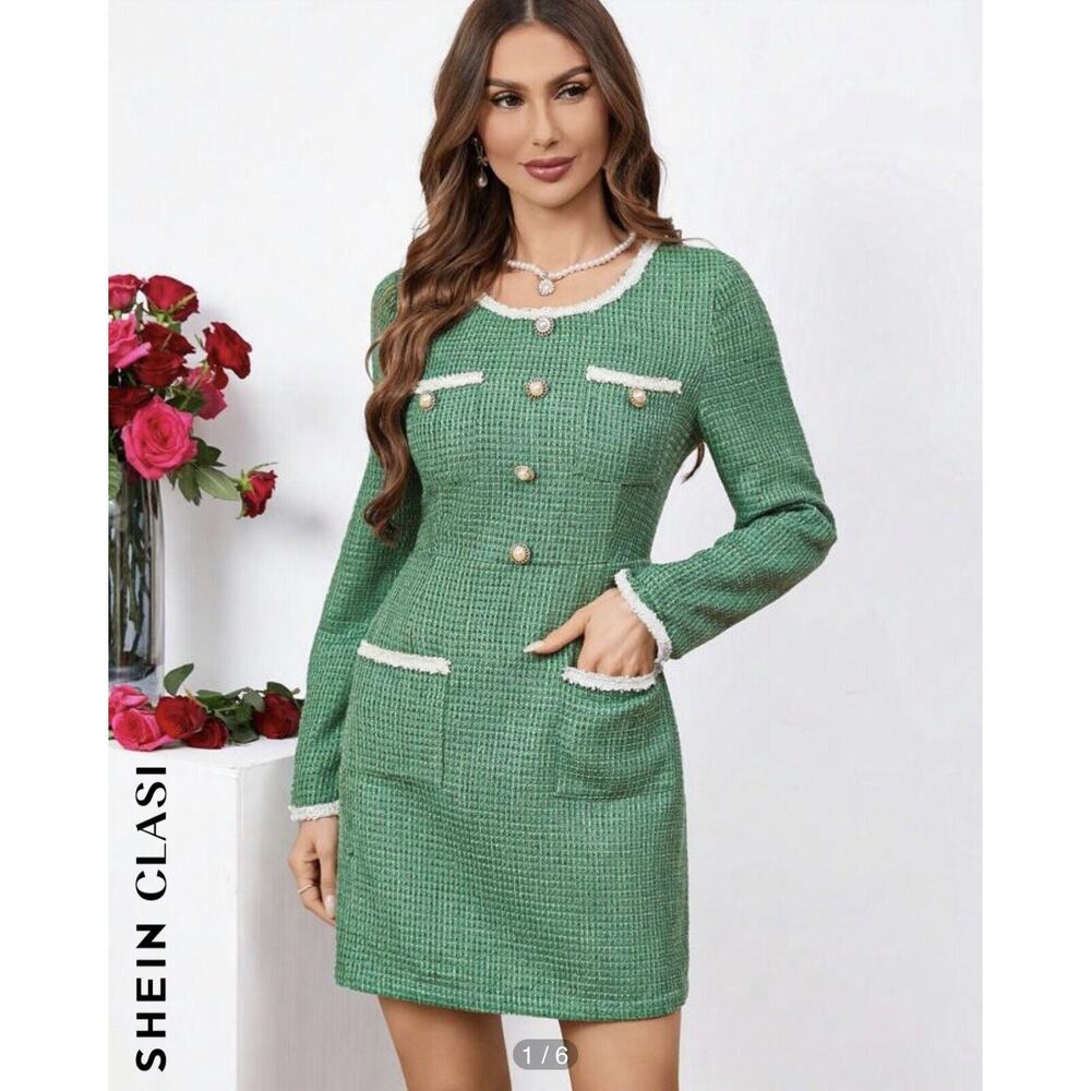 SHEIN Clasi Contrast Trim Button Front Tweed Dress Size Medium Office Green